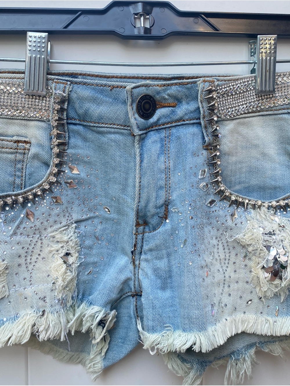 Light Blue Distressed Denim Shorts with Rhinestone & Stud Embellishments